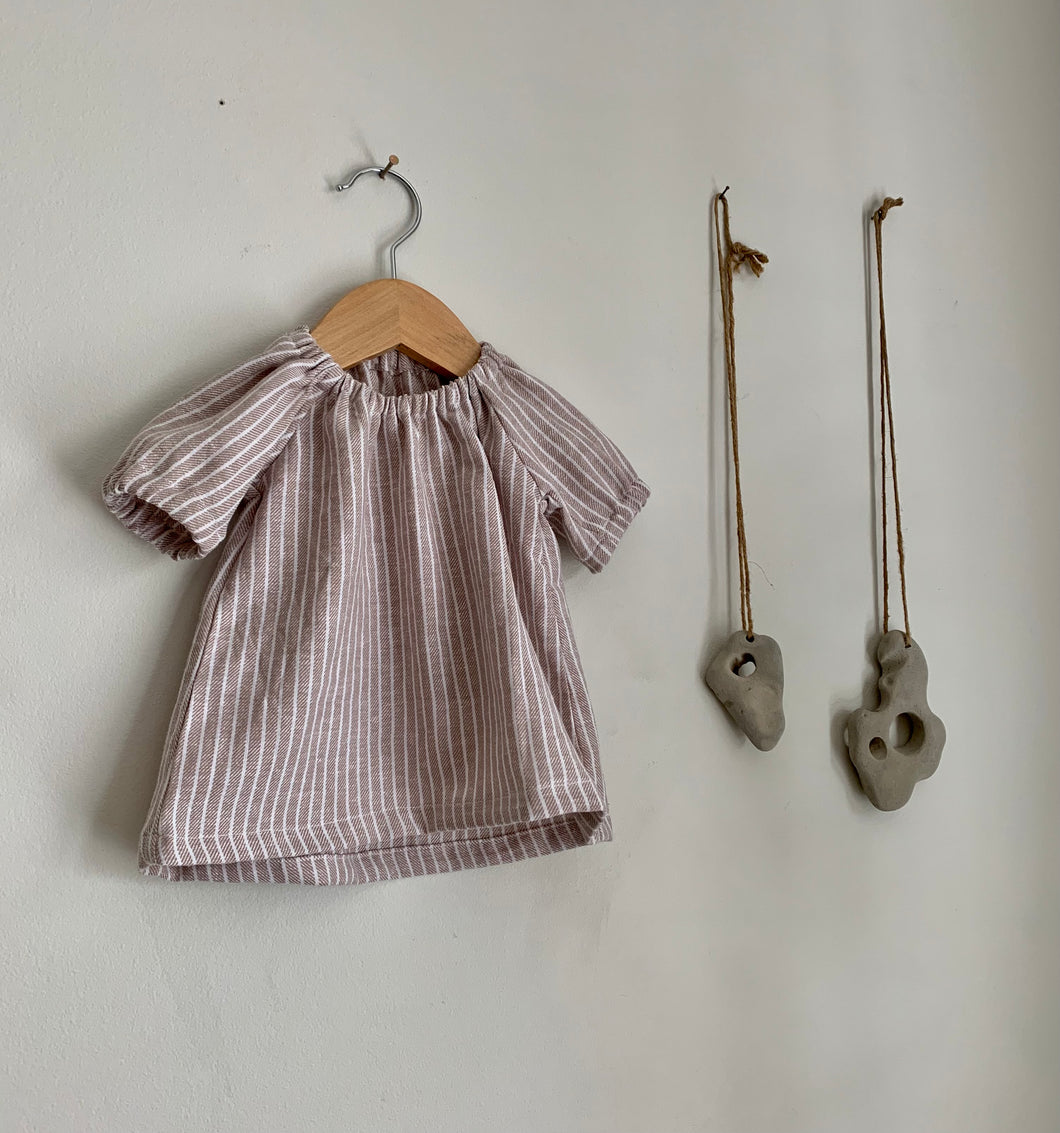 Gathered dress | Taupe and white stripes | 3-6 mths