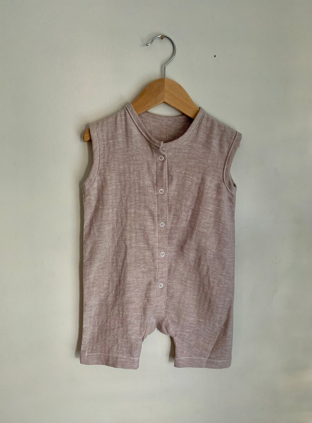 Button up shorts romper | Taupe and white | 12-18 mths