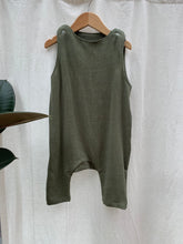 Load image into Gallery viewer, Pinafore pant romper | Olive sage green | 12-18 mths
