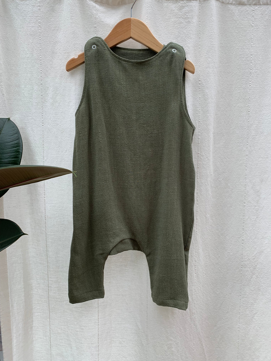 Pinafore pant romper | Olive sage green | 12-18 mths