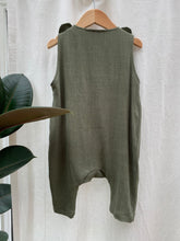 Load image into Gallery viewer, Pinafore pant romper | Olive sage green | 12-18 mths
