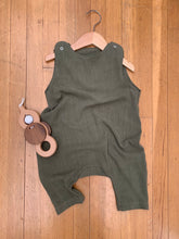 Load image into Gallery viewer, Pinafore pant romper | Olive sage green | 12-18 mths
